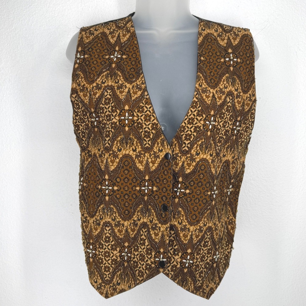 Vintage Womens Beaded Batik Vest Size M P Brown Earthy Boho Artsy Whimsigoth